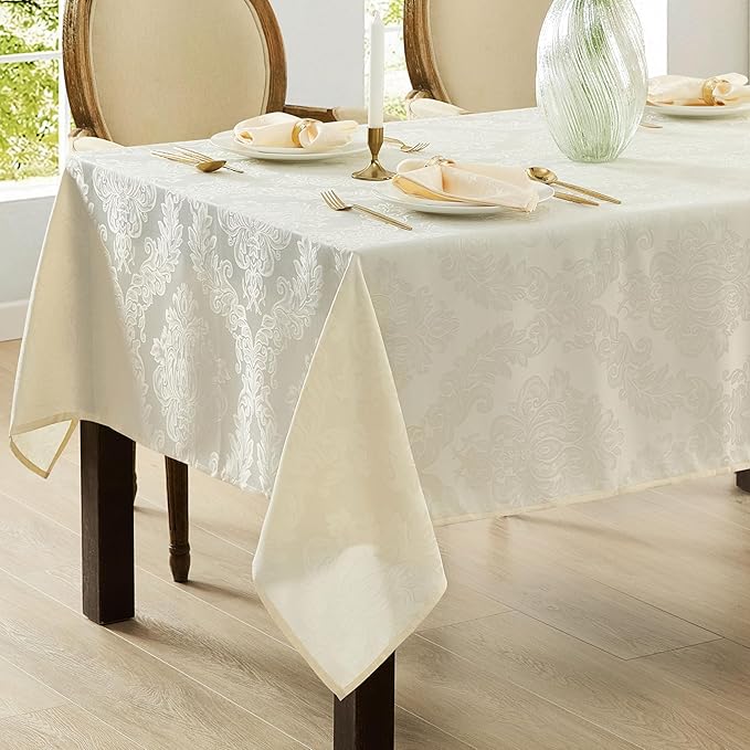 Newbridge Barcelona Luxury Damask Fabric Tablecloth, 60” Wide x 144” Rectangle, Antique White, 100% Polyester, No Iron, Soil Resistant Dining Room, Party and Banquet Table Cover