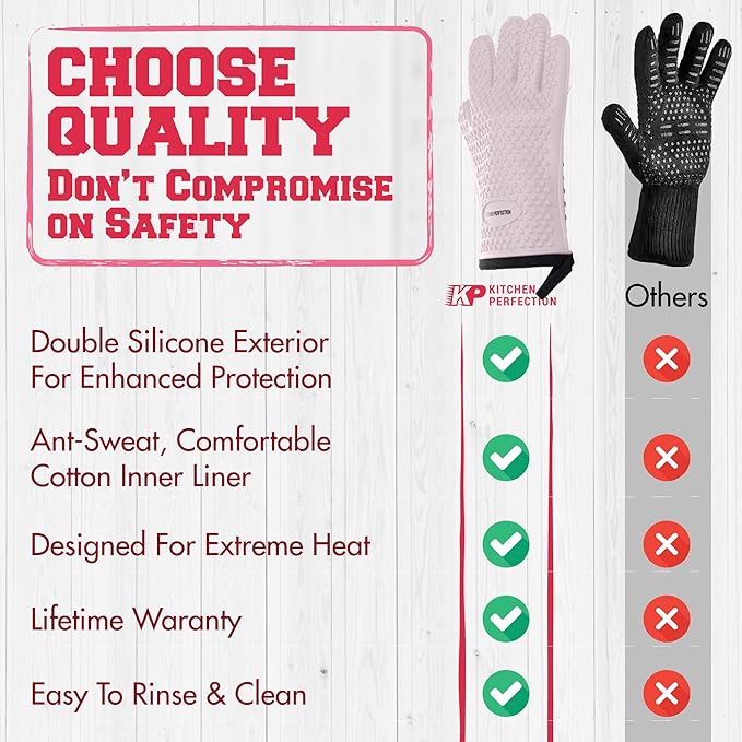 KITCHEN PERFECTION Silicone Smoker Oven Gloves for Women -Extreme Heat Resistant BBQ Gloves -Handle Hot Food Right on Your Smoker Grill Fryer|Waterproof Oven Mitts Grill |Superior Set+3 Bonuses