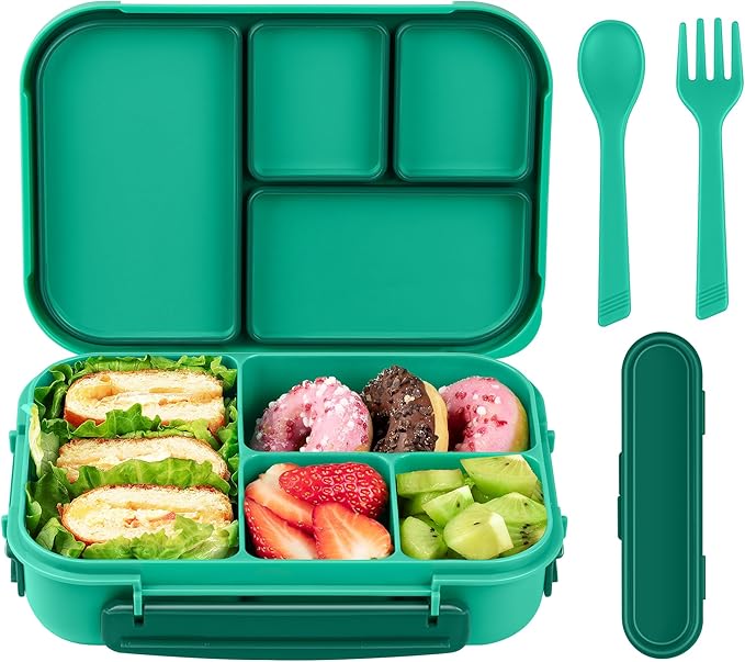 Amathley Lunch Box Kids,Bento Box Adult,Leakproof Lunch Containers for Adults/Kids/Toddler,1200ML-4 Compartments bento Lunch box with Utensil,Microwave & Dishwasher & Freezer Safe (Green)