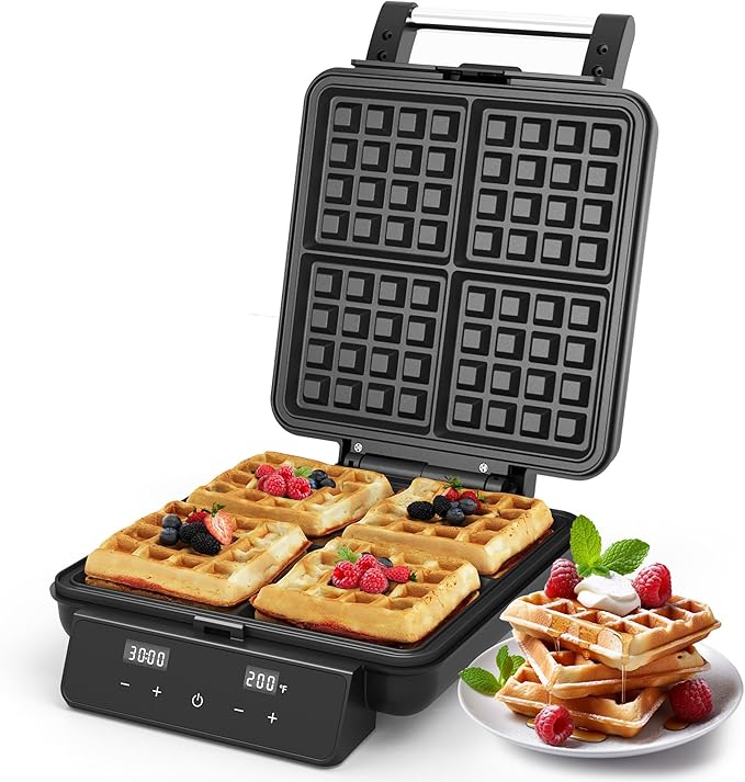 Sunvivi Waffle Maker 4 Slices with Quick Heat-Up, Time & Temperature Control, LCD Display, Nonstick Surface, Stainless Steel, Perfect Waffle Iron for Kids and Families, Black