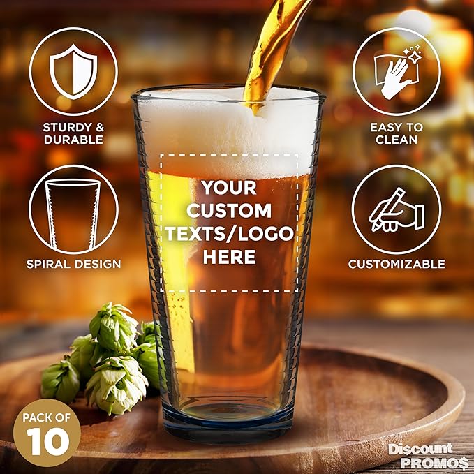 Custom Spiral Pint Glass 16 oz. Set of 10, Personalized Bulk Pack - Beer Glasses, Heavy Duty Drinkware - Blue