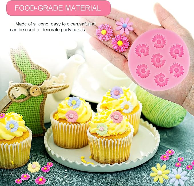 4Pcs Daisy Flower Silicone Molds Chrysanthemum Silicone Molds Small Flower Shapes Fondant Cake Chocolate Molds Polymer Clay Resin Mold for Cake Decoration Candy Ice Cube Soap Wax Making DIY Craft