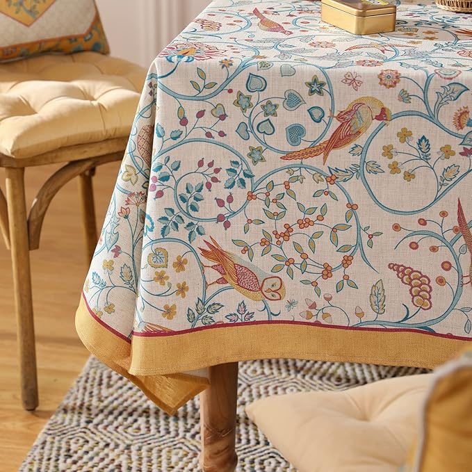 patdrea Designer French Tablecloth for Rectangle Table,Floral Birds Pattern Linen Long Table Cloth,Yellow Decorative Cover for Kitchen Dining Banquet,Christmas,Thanksgiving,63"x94"-Magnolia