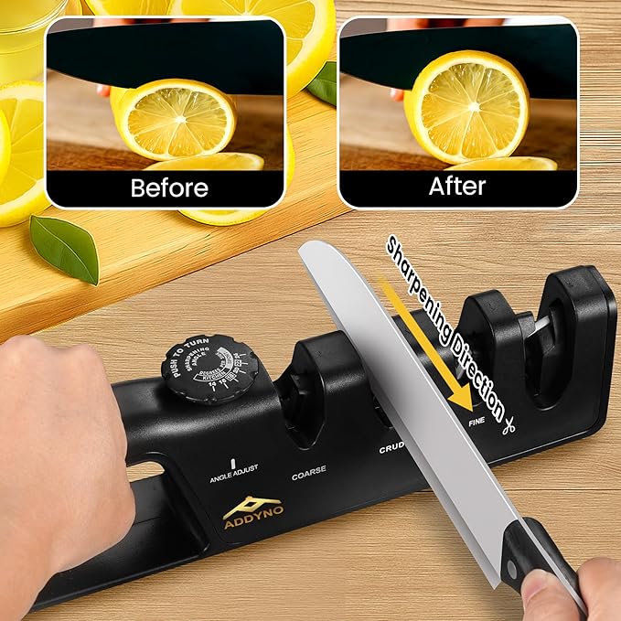 4-in-1 Knife Sharpener with Angle Guide, Adjustable Edge,3-Stage Coarse–Sharpen–Fine + Scissors Slot, Non-Slip Base & Ergonomic Handle for Kitchen Knives,Square Black