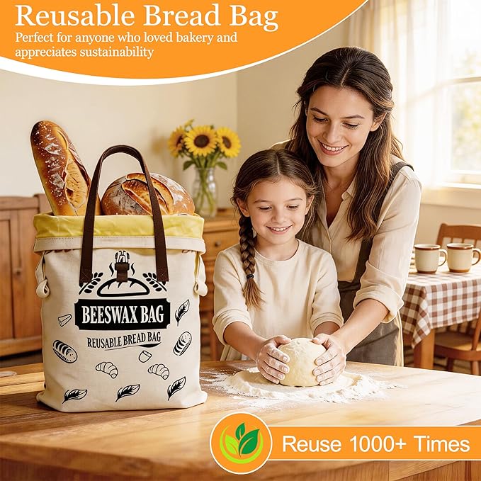 2 Pack Reusable Beeswax Bread Bags for Homemade Bread with Handle,17 X 13 Inch Large Cotton Sourdough Bread Storage for Fridge Freezer Counter,Keep Fresh Longer