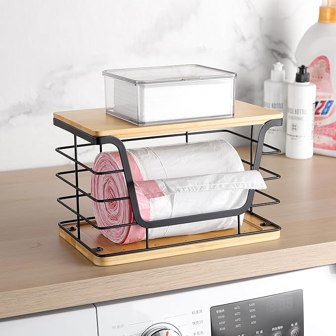 ALOCEO Large Wire Basket for Kitchen Pantry, Stainless Steel Kitchen Counter Organizer for Potato Onion, Trash Bag Dispenser Under Sink with Bamboo Top, Black