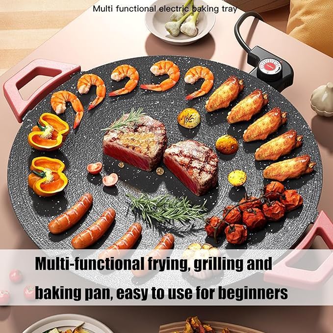 Indoor Smokeless Electric Griddle, Nonstick Round Tabletop Grill with Temperature Control, 1000W Fast Heating, Oil Drain Design for Steaks, Burgers, Pancakes, BBQ (40 cm/16 inch)