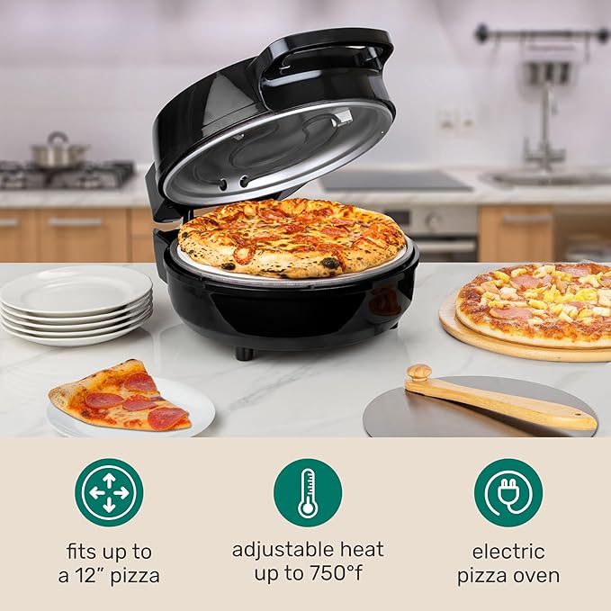 HomeCraft Stone Baked Pizza Maker - Woodfire-Style Indoor Oven Reaches 750°F - Cooks Homemade or Frozen Pizzas in 4 Minutes - Ceramic Stone & Peel - Perfect for Pizza Parties – Black