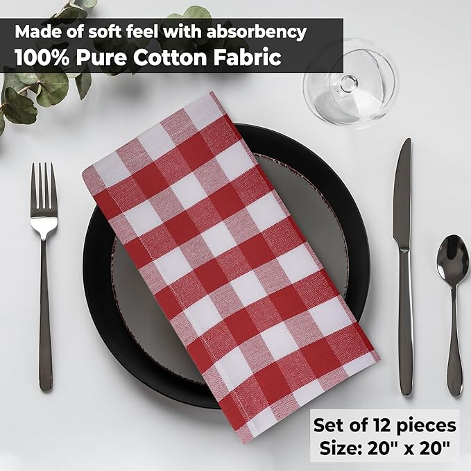 Urban Villa Cloth Dinner Napkins Set of 12 100% Cotton Red White Checks Highly Absorbent Washable Reusable Durable Ideal for Home Farmhouse Party Wedding Everyday Use