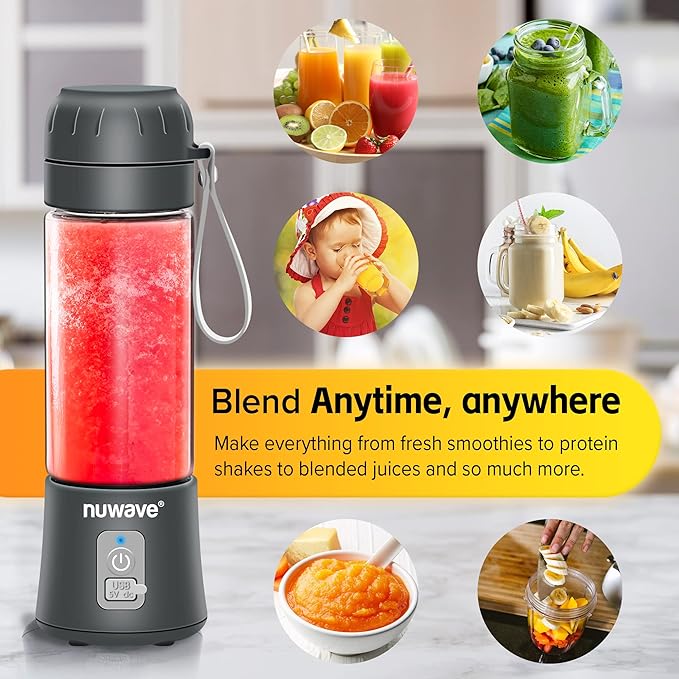 Nuwave Portable Blender with USB-C Rechargeable, 6-Blade for Crushing Ice, BPA Free 18 Oz Jar, Smoothies Blender for Travel, Office and Sports, Obsidian Gray