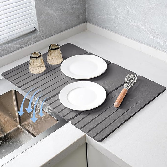 Extral Large Quick Dry Stone Drying Mat for Kitchen Counter,24x16 Inch Collapsible Eco-Friendly Absorbent Diatomaceous Earth Mat for Dishes Cups (Deep Gray-Upgraded Version, 24x16 inch)