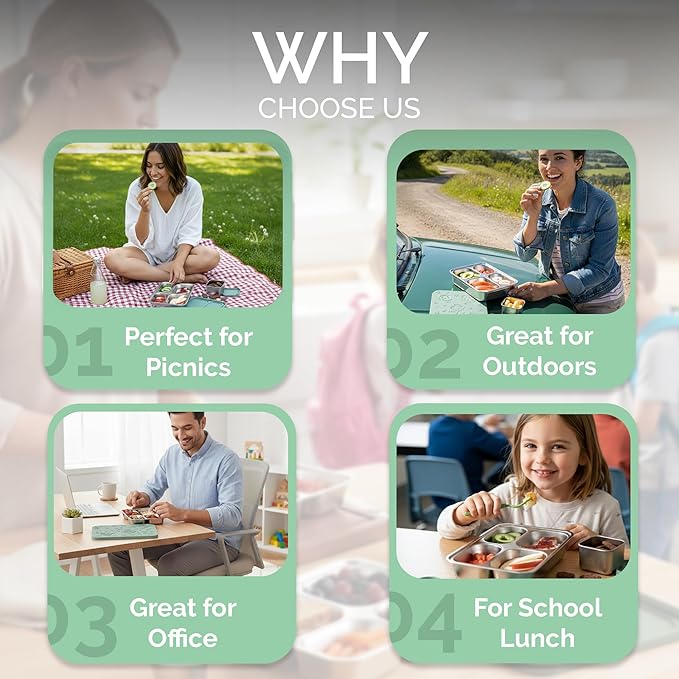 Stainless Steel Lunch Box for Kids 5 and Older – 3 Pieces Stainless Steel Bento Box with 4 Compartments & 2 Snack Containers – Leak Proof, BPA-Free, Eco-Friendly, Dishwasher Safe & Durable – Green