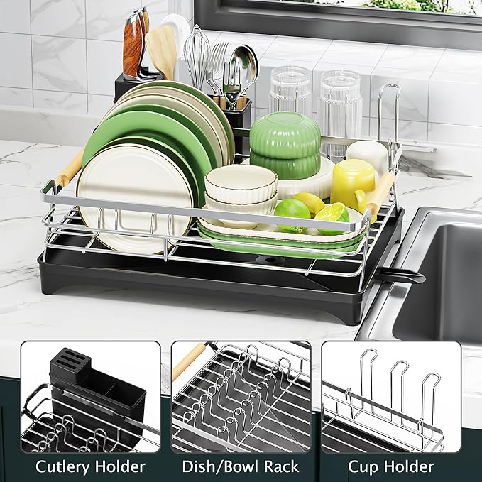 Epicano Dish Drying Rack for Kitchen Counter,Space-Saving Dish Rack,Rustproof Dish Drainer with Utensil Holder and Knife Slots for Sink,Kitchen Drying Rack with Wooden Handle and Cup Holder, Silver