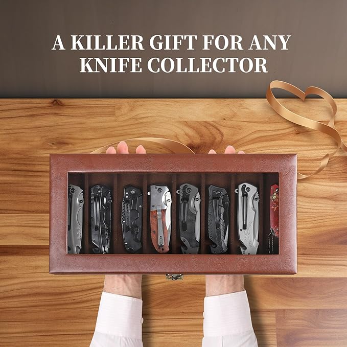 AUTOARK 2-Tier PU Leather & Velvet Knife Organizer with 17 Slots,Transparent Glass Top & Drawer,Compact Storage for Pocket Knives,Perfect for Men's Collections & Gifts,Coffee,MKAW012