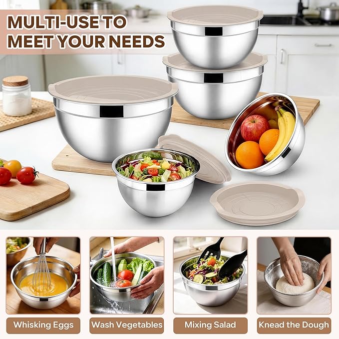 E-far Mixing Bowls With Lids Sets of 5, 10-Piece Stainless Steel Salad Metal Nesting Bowl for Baking Cooking and Prepping, Airtight Lid & Stackable Design, Size 4.6, 3, 2.1, 1.5, 0.7 QT, Khaki