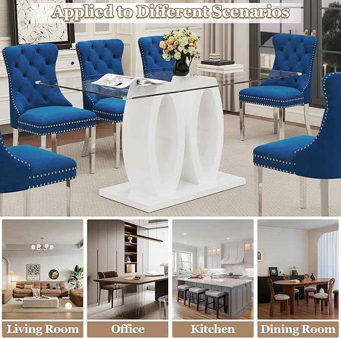 63" Glass Dining Table Set for 6, 7-Piece Rectangular Kitchen Table with Tempered Glass Top, White Double O-Shaped MDF Base, and 6 Blue Velvet Upholstered Chairs for Dining Room, Living Room, Office
