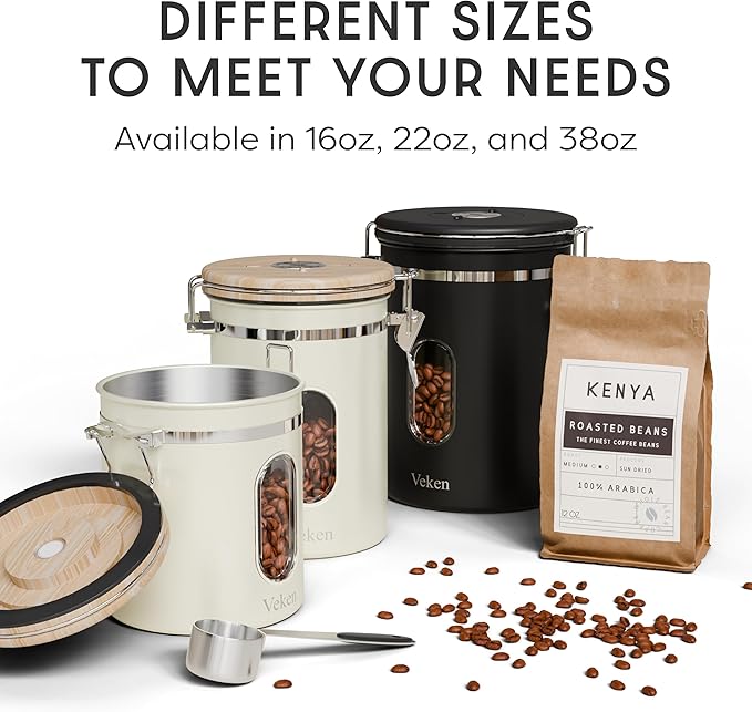 Veken Coffee Sugar Canister with Window, Airtight Stainless Steel Kitchen Food Storage Container with Lids, Date Tracker and Scoop for Grounds Coffee, Beans, Tea, Flour, Cereal Jars, 16OZ, Cream