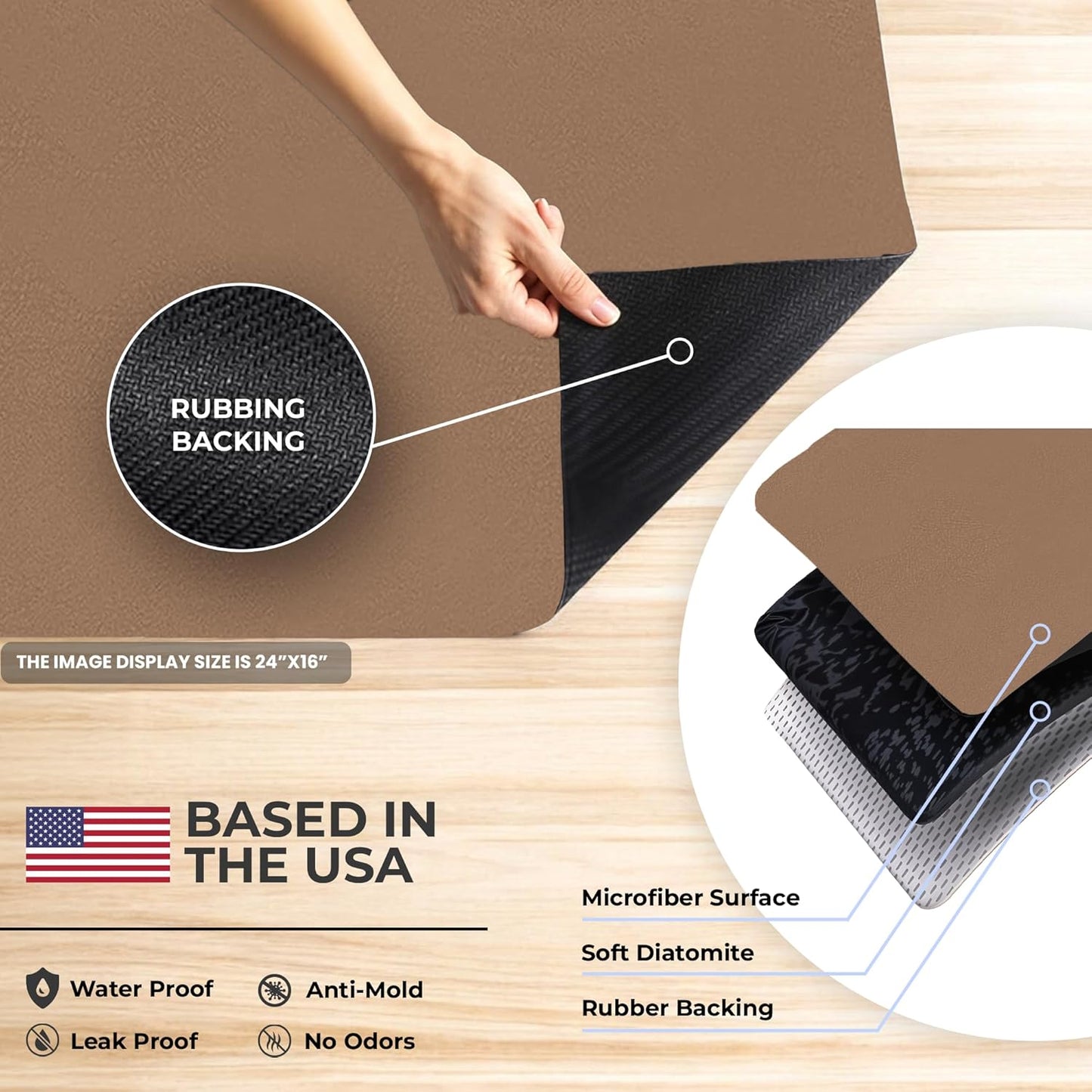 Dish Drying Mat Super Absorbent – 24" x 16" Coffee Mat for Countertops – Non-Slip Drying Mat for Kitchen Counter – Easy to Clean Water Absorbent Mat – Large Dish Drying Mats (Brown)