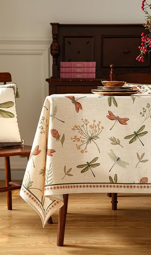 ISAENNE Designer Floral Linen Long Rectangle Tablecloth,French Off White Elegant Table Cloth,Washable Home Decor Tablecloths for Dining Thanksgiving Kitchen Christmas,63"*94"-Grace B