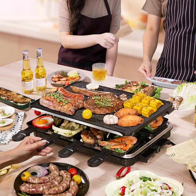 Raclette Table Grill, Indoor Grill Korean BBQ Grill Electric Griddle, 2 in 1 Electric Griddle Nonstick with 8 Raclette Cheese Pans Adjustable Temperature Control 1300W Ideal for Family Party Fun