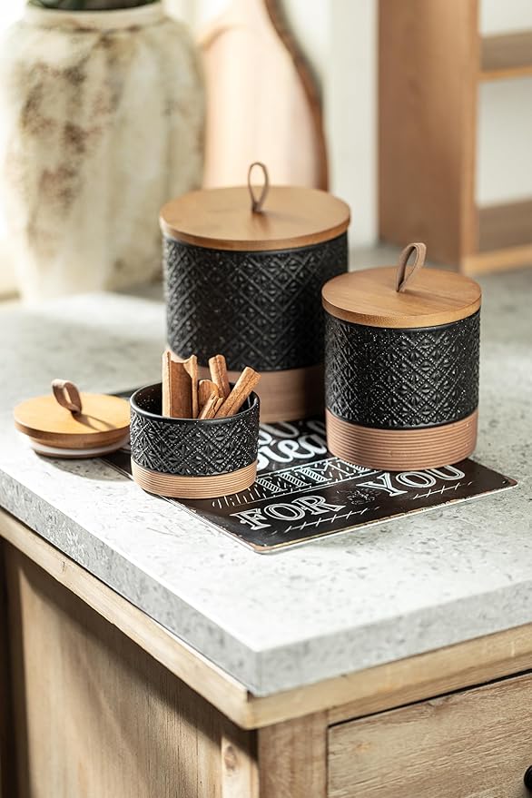 Miamolo Mini Ceramic Jars with Airtight Lid, Coffee Container Canister Kitchen Food Storage Jar with Lid for Spice Sugar Tea Bag, Stackable Decorative Jars for Countertop, Pantry, Black & 5 fl.oz