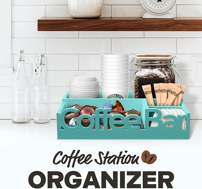 Coffee Bar Organizer for Countertop - Wood Coffee Pods Holder Storage Basket, Essential Coffee Bar Accessories for Home and Office, Condiment Station, Mini Coffee Bar