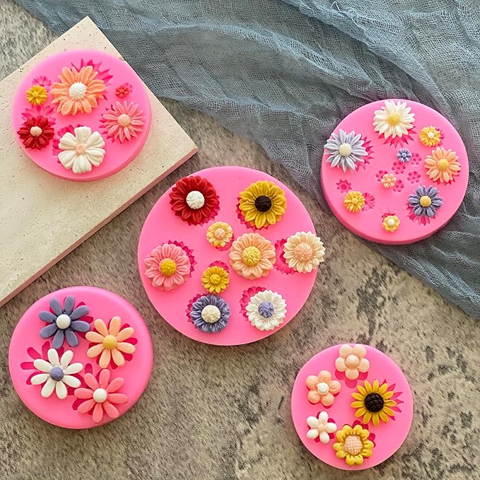 5Pcs Daisy Flower Molds Silicone Small Flower Chocolate Molds Sunflower Fondant Cake Candy Candle Resin Soap Ice Cube Mold for Baking