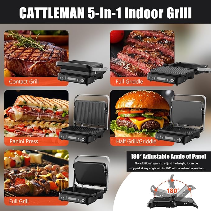 CATTLEMAN Panini Grill Press Sandwich Maker with Removable Plates, 1600W, 5 in 1 Smokeless Indoor Grill & Griddle with Meat Thermometer, PFAS Free Ceramic Nonstick Reversible Plates, Opens Flat