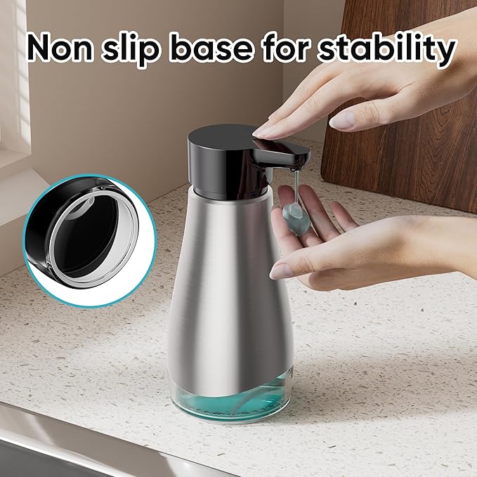 Oasis Creations 500 mL /17fl.oz Stainless Steel Liquid Soap Dispenser for Dish and Hand Soap - Two Toned Silver and Black - Refillable - Great for Kitchen Bathroom or Countertop