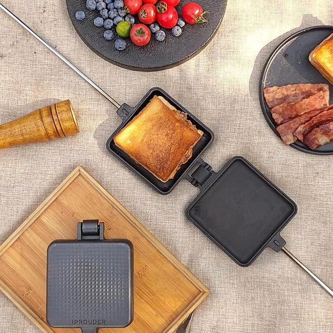 Campfire Pie Iron 4.9" Large Cast Iron Sandwich Maker for Camping 4 Pcs with Storage Bag - 22.6 inch Thickened Handles - Campfire Cooking Equipment for Grilling & Outdoor Cooking