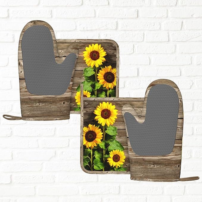 Sunflower Wooden Retro Oven Mitts and Pot Holders Sets of 4, Heat Resistant Silicone Oven Mittens and Potholders Gloves Hot Pads for Kitchen Cooking Baking Grilling BBQ Chef