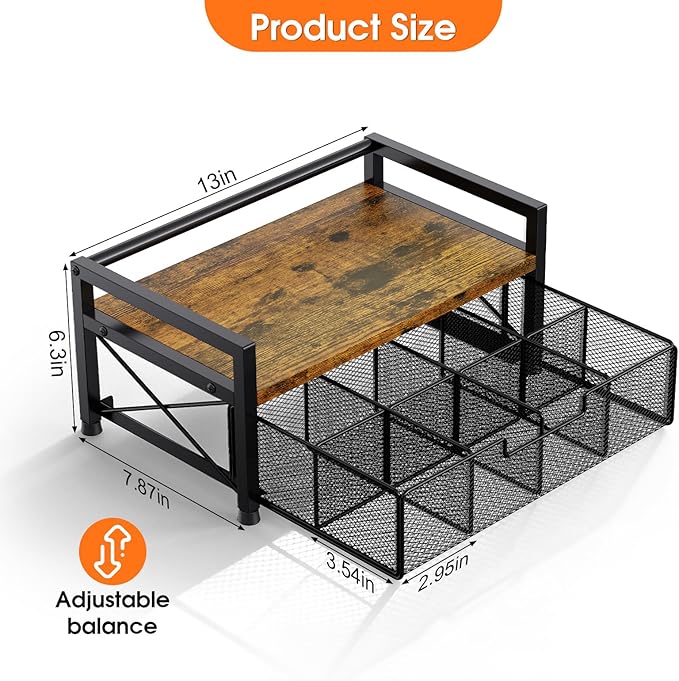 Tea Bag Organizer - Tea Organizer with 8 Compartments & Drawer, Wooden Tea Bar Storage Box, Tea Bag Holder for Countertop Kitchen Tea Station, Rustic Brown