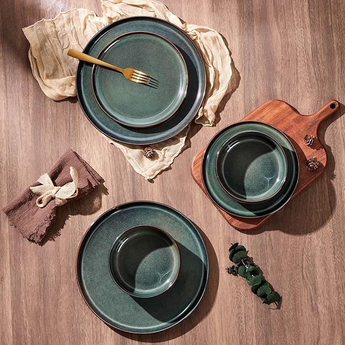 E-far Dinnerware Sets for 8, 24-Piece Stoneware Plates and Bowls Set, Ceramic Dishes Reactive Glaze Dinning Ware, Microwave & Dishwasher Safe - Obsidian Green