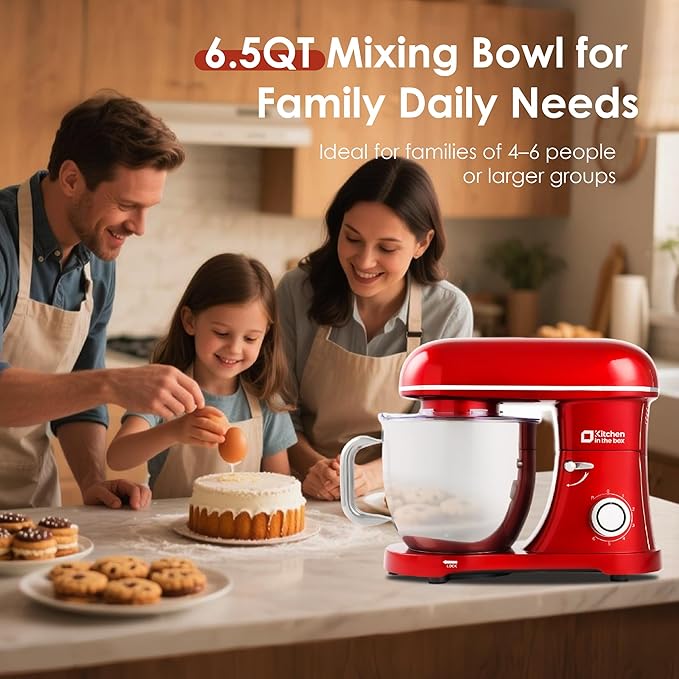 Kitchen in the box Stand Mixer - 6.5 Quart Mixing Bowl with Handle, 900 Watt Heavy Bread Dough Standing Mixers Tilt-head with Dough Hook, Whisk, Flat Beater and Splash Guard (Red)