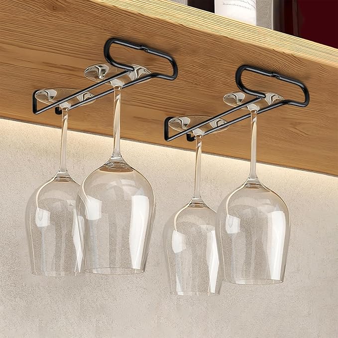GeLive 7 Inch Wine Glass Rack Under Cabinet Stemware Holder Little Glass Hanger Storage Organizer for Short Space Kitchen and Bar Set of 2 (Black)