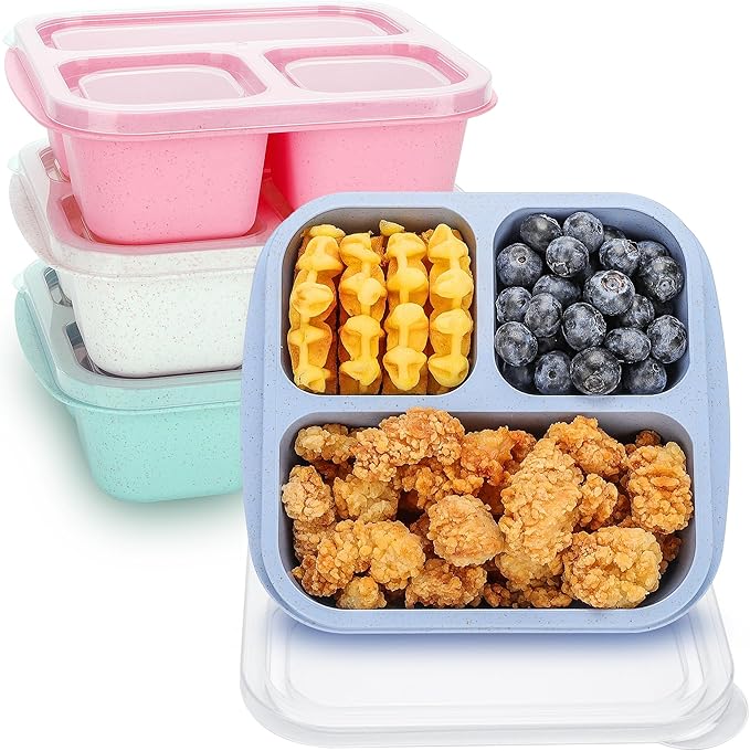 TOUWMX Bento Box For Kids, 4 Pack 3 Compartments Meal Prep Containers Reusable Lunch Containers, Food Storage Containers With Lids, Stackable Snack Boxes for School, Work, and Travel