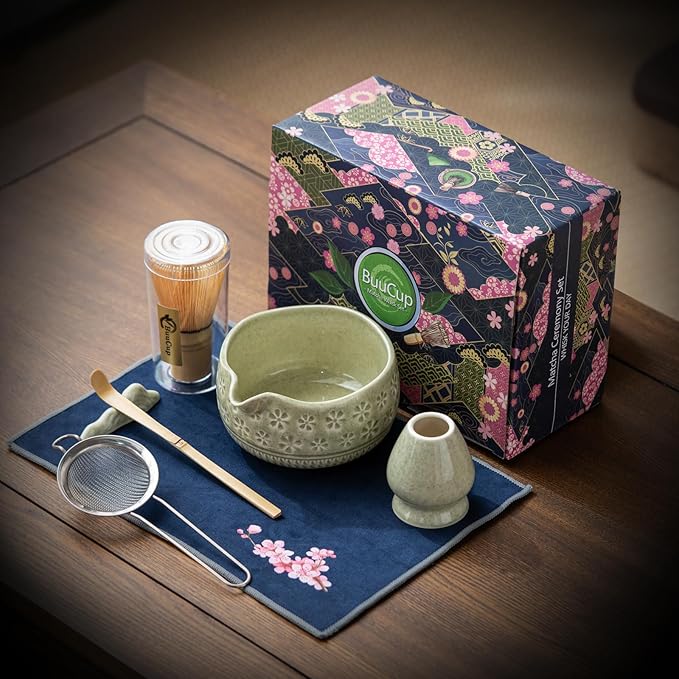 Buucup Matcha Whisk Set, Ceramic Matcha Kit Set Includes Matcha Bowl, Matcha Whisk and Holder, Bamboo Scoop, Scoop Rest, Sifter and Tea Towel - 7 Pcs Matcha Kit for Matcha Lovers (Mottled Green)