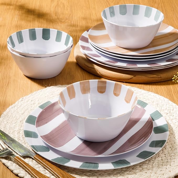Gibson Home Cottage Stripes 12-Piece Melamine Plates and Bowls Dinnerware Set - Outdoor, Camping, & Everyday Use - Assorted Colors