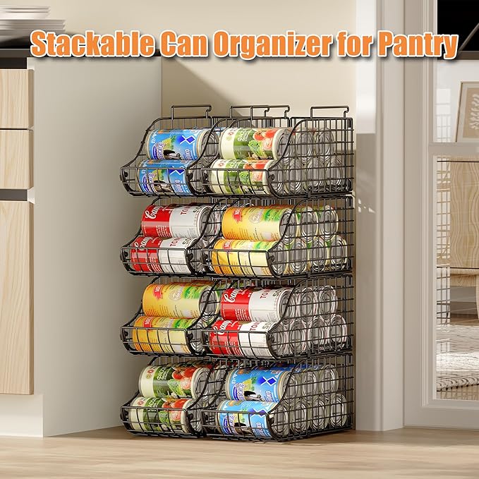 8-Pack Can Organizer for Pantry, Stackable Cabinet Food Shelves for Fridge, Wire Cupboard Storage, Holds up to 72 Beers,Small Metal Bin for Drink Beverage Egg Gillas, Rack for Kitchen Countertops RV