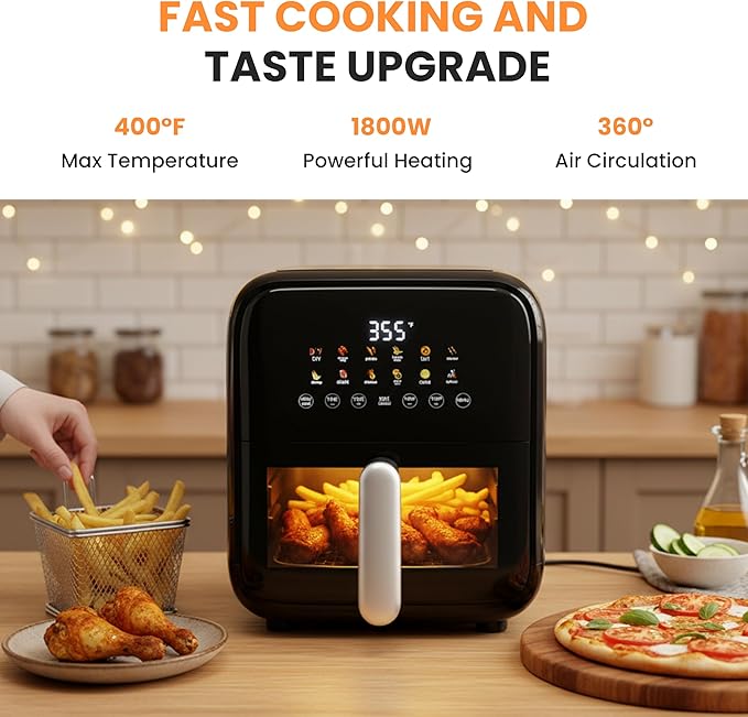 HealSmart 7.5QT Large Air Fryer with Visible Window, 12-in-1 Digital Preset & Custom DIY Functions, Precise Temp Control, Dishwasher Safe Components, Black