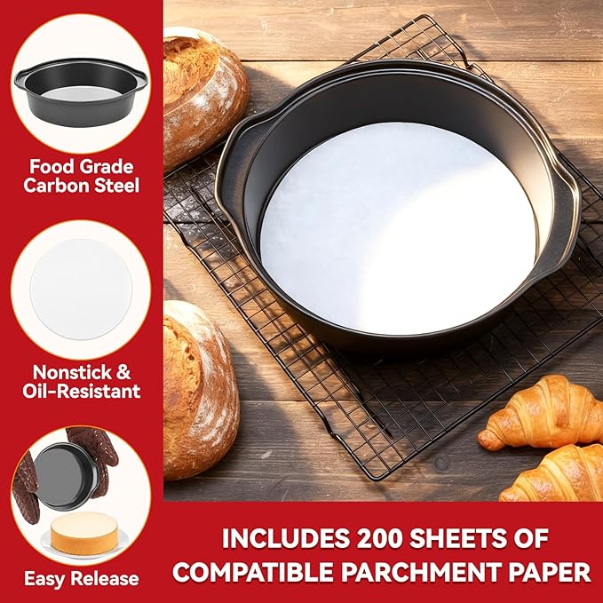 6 Inch Cake Pans - 3PCS Carbon Steel Cake Pan with 200 Parchment Papers, Round Cake Pans with Handle, Nonstick & Non-Toxic, Easy Demolding & Dishwasher Safe