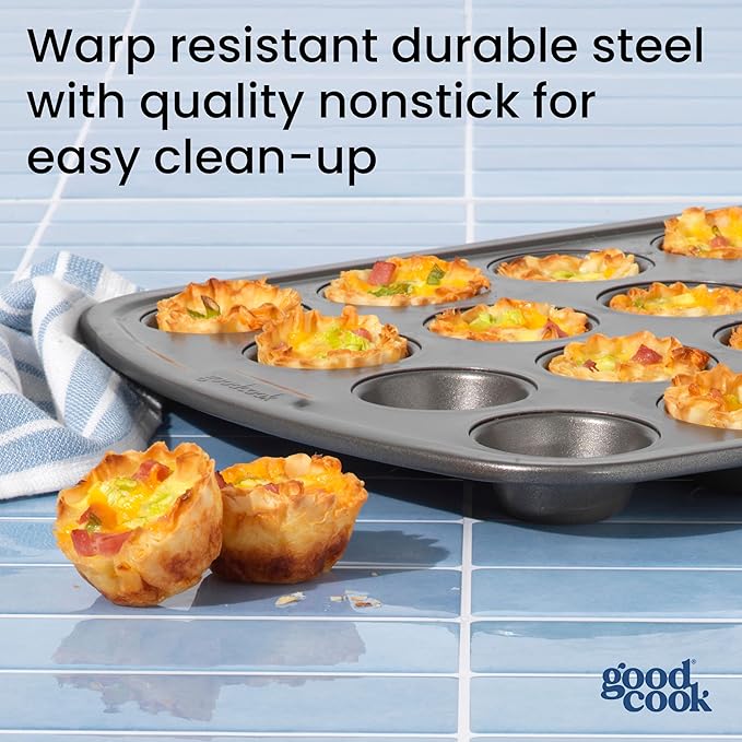 GoodCook Set of 2 Everyday Nonstick Muffin Pans – 12‑Cup Standard and 24‑Cup Mini, Gray