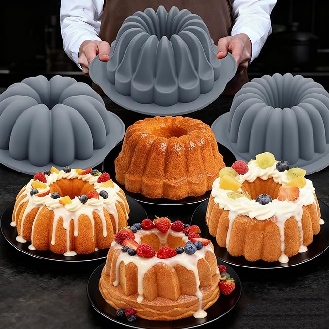 Tongjude 4 Pieces Silicone Fluted Tube Cake Pans, 7 Cups Tube Baking Pan, Jello Mold, Silicone Molds for Homemade Cake, Bread and Jello, Non-Stick, Grey