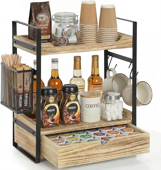 Coffee Station Organizer Countertop, Wooden Coffee Bar Accessories Organizer with Basket, 2 Mug Holder Hooks and Pod Drawer, Multifunctional 2 Tier Countertop Organizer for Kitchen, Bathroom, Office