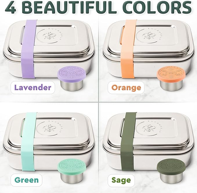 Everusely - Bento Box - Sage, 47oz / 1.4 L - Large Stainless Steel Lunch Box with Leakproof Condiment Container - 3 Compartment Snack Organizer for On the Go Meals - Freezer & Dishwasher Safe