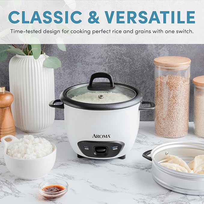 AROMA® Rice Cooker, 3-Cup (Uncooked) / 6-Cup (Cooked), Steamer, Small Rice Cooker, Oatmeal Cooker, Soup Maker, Auto Keep Warm, 1.5 Qt, White, ARC-743-1NG