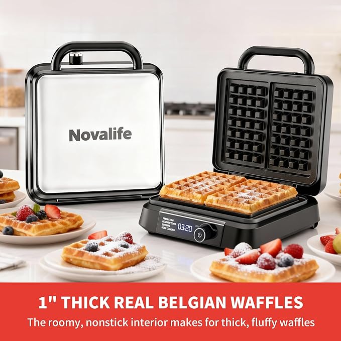 Waffle Maker, 1200W Belgian Waffle Maker, Dual Rectangular Thick Waffle Iron, 7-Level Browning LED Panel, Nonstick Plates, Anti-spill Design, Audible Ready Beep, Easy Cleanup, Stainless Steel