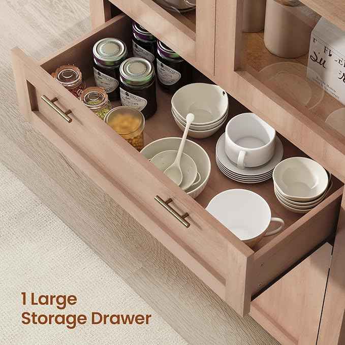 Itaar 71" Arched Kitchen Pantry Cabinet, Kitchen Storage Cabinets with 1 Large Drawer & Storage Cart 2 Tier & Door Shelves for Living Room, Dining Room, Natural Oak
