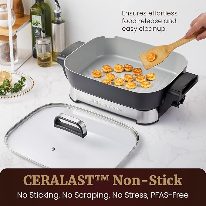 Elite Gourmet 15" x 12" x 3" Stow-Away Foldable Electric Skillet, Ceralast™ PFAS Free Ceramic, 1500W Rapid Heat, Dishwasher Safe Pan & Lid, Black/Grey