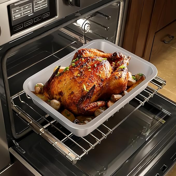 Stainless Steel Sturdy Roasting Pan with Cooling Rack – Oven, Toaster & Grill Safe, Deep Edge, Smooth Finish, Dishwasher Safe – Perfect for Turkey, Chicken, BBQ (14x10.4x2.8in)
